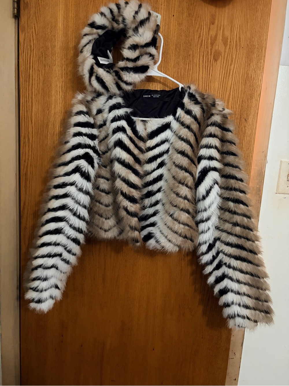 Striped Faux Fur Hooded Jacket - Black & Cream